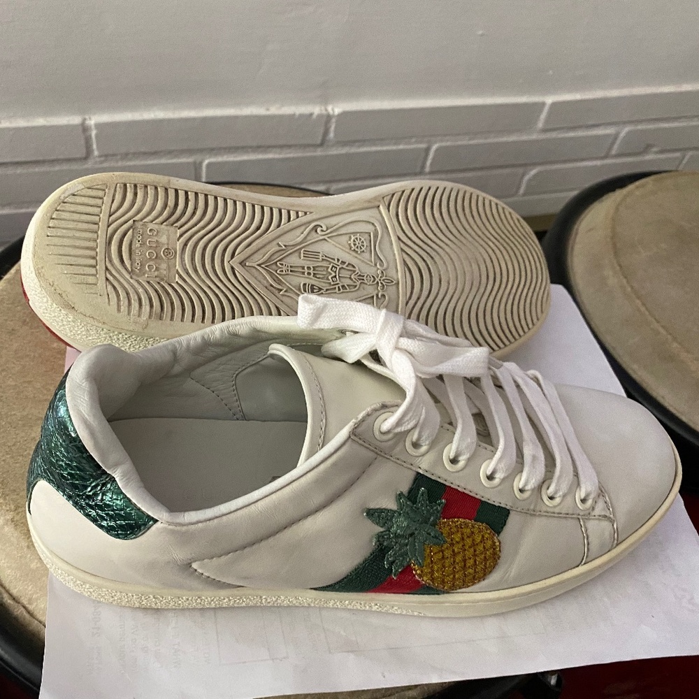 GUCCI WHITE LEATHER RUBBER SHOES FASHION SNEAKERS 39-8 pineappl Logo monog beetl - Picture 9 of 10